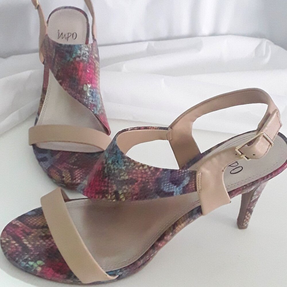 IMPO Multicolor Faux Snakeskin Sling Back Strappy Heeled Sandal Shoes SZ 9.5M